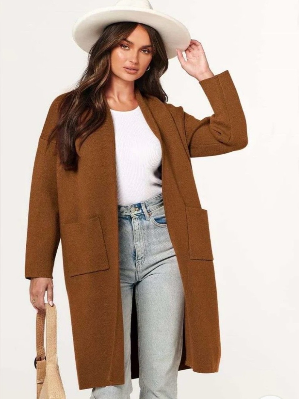 ANRABESS Women's Size XL Oversized Long Open Front Cardigan Caramel Casual NWT